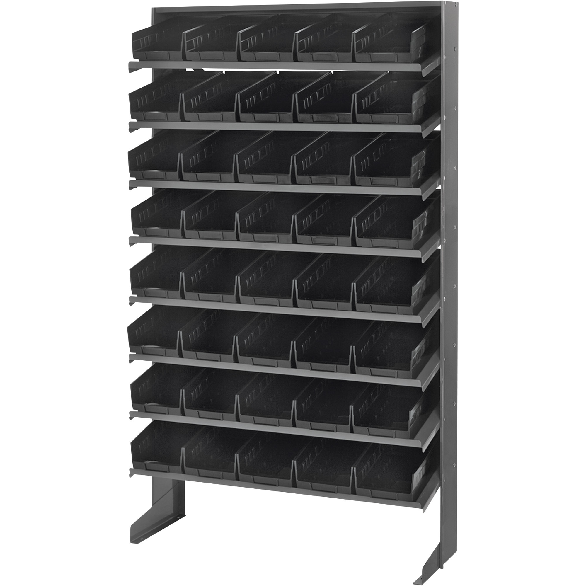 Quantum Storage Single Side Sloped Storage Shelves With 40 Bins, 12in. x 36in. x 60in. Rack Size, Black, Model# QPRS-102BK